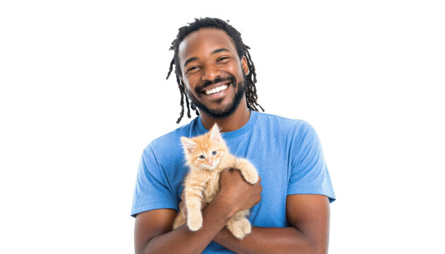 A joyful man with dreadlocks smiles while holding an orange kitten close to his chest. set against a clean white background. capturing a moment of affection and companionship
