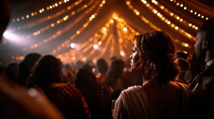 Fototapeta premium Elegant woman in formal evening attire gazing at golden string lights overhead during a glamorous indoor celebration or wedding reception filled with guests and festive ambiance