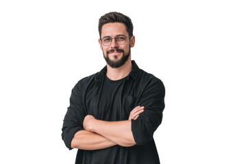 A young man with glasses and a beard smiling confidently while crossing his arms. set against a clean white background. ideal for professional or lifestyle imagery