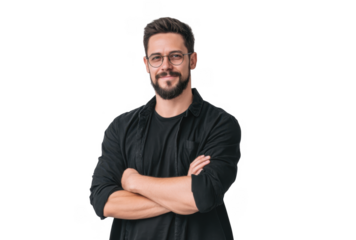 A young man with glasses and a beard smiling confidently while crossing his arms. set against a clean white background. ideal for professional or lifestyle imagery