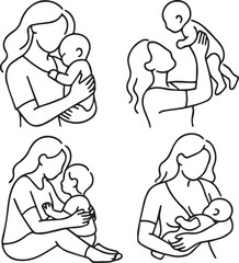 Line art illustration depicting four scenes of a woman interacting with her baby. 