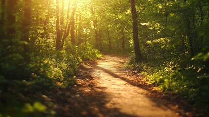 Fototapeta premium A winding forest path with dappled sunlight, symbolizing the journey to inner peace and mental clarity, blurred background