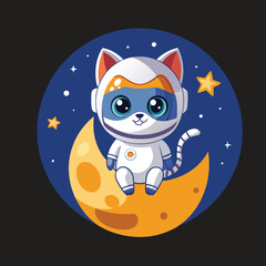 Cartoon cat astronaut sitting on the moon surrounded by stars isolated on black background