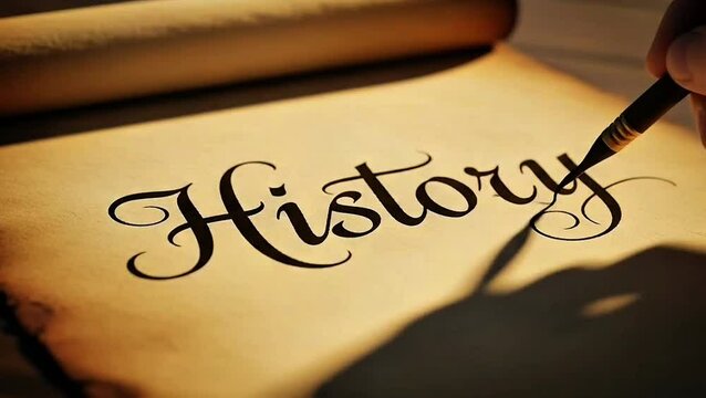 Handwriting History:  A calligrapher's hand delicately inscribes the word "History" onto an antique parchment scroll, evoking a sense of timelessness and the enduring power of storytelling.