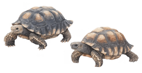 Two realistic tortoises walking side by side on a white background. showcasing their textured shells and limbs. ideal for nature-themed educational materials or wildlife conservation campaigns