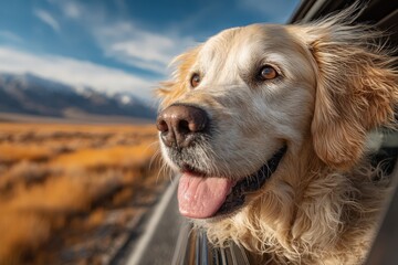 Happy Golden Retriever Road Trip