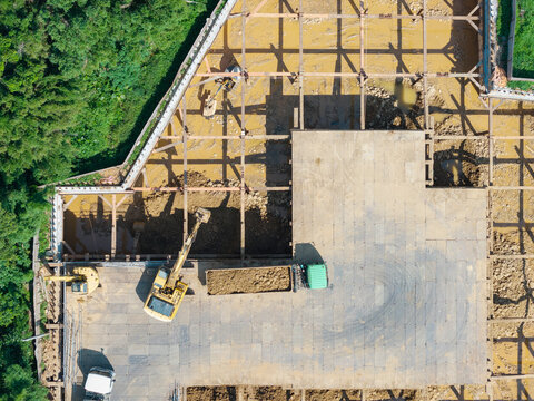 Aerial Excavator Digging Building Basement Foundation