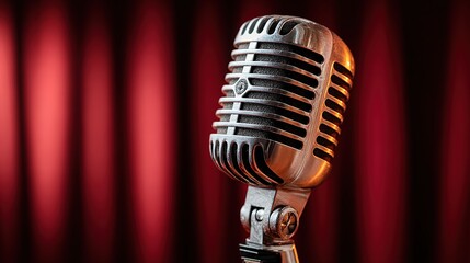 Vintage dynamic microphone glowing under red velvet curtain folds, bold wallpaper design for stand-up comedy open mic night