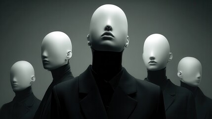 Mysterious Group of Faceless Mannequins in Dark Fashion Attire