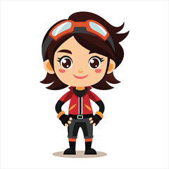 Cartoon girl aviator with goggles and jacket standing isolated on white background