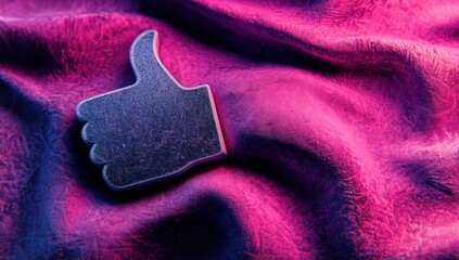 Thumbs up icon on textured fabric, neon background, digital art, social media