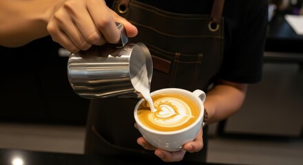 Barista pouring milk making latte art into a cup
