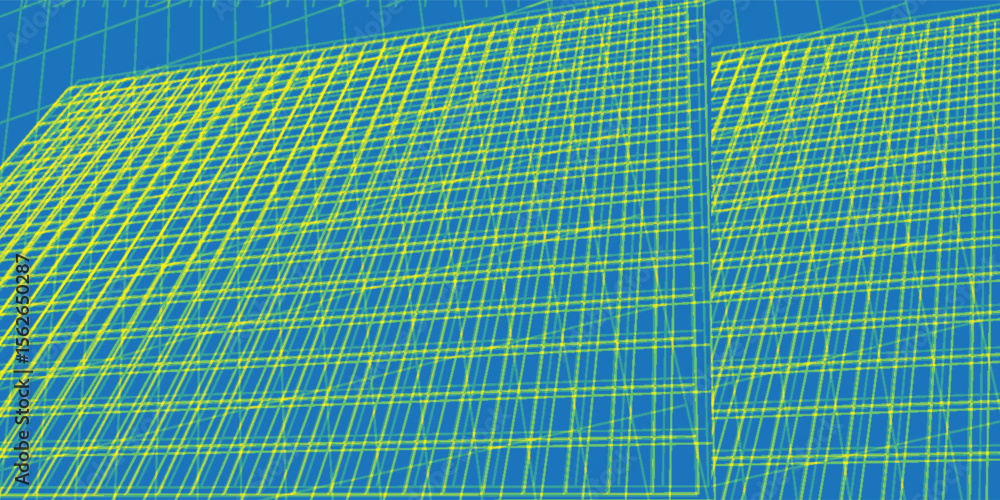 Poster dynamic abstract composition with intersecting yellow lines on a vivid blue background, symbolizing 