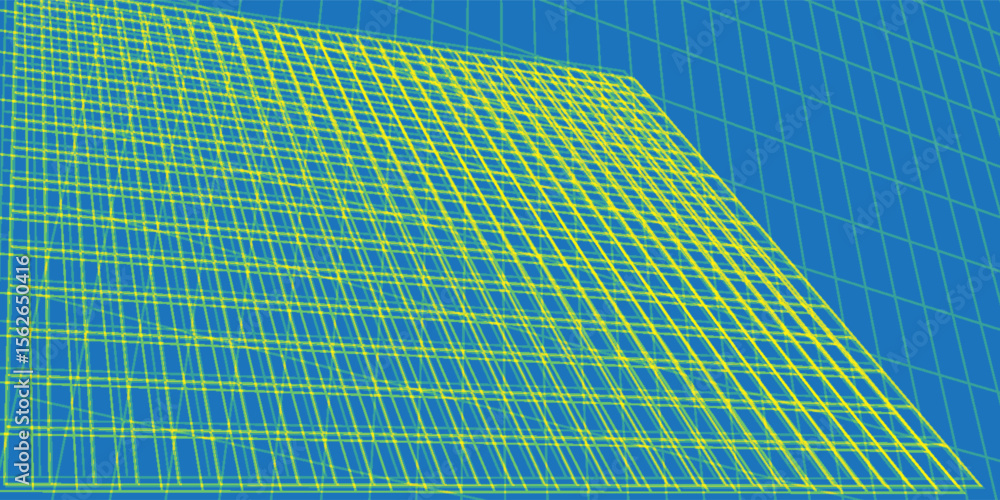 Poster bright yellow intersecting lines create a vibrant geometrical pattern on a blue background, evoking 