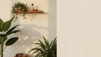 Interior scene with plants and a wooden shelf, bathed in warm sunlight, creating a calming atmosphere.