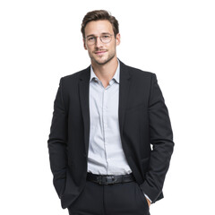 Confident young man in a sleek black suit stands against a minimalistic white background. exuding professionalism and approachability. ideal for corporate or business-related visuals