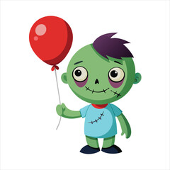 Cartoon zombie holding a red balloon isolated on white background