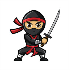 Cartoon ninja warrior with sword isolated on white background