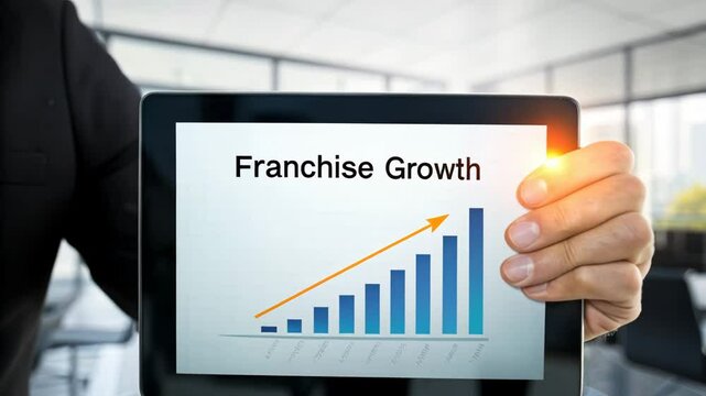 Businessman pointing at tablet screen showing upward bar graph with franchise growth in modern office environment indicating success.