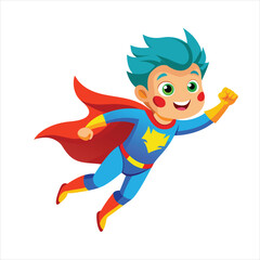Cartoon superhero boy with blue hair and a red cape is flying isolated on white background