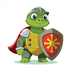 Cartoon turtle knight in armor holding a shield isolated on white background