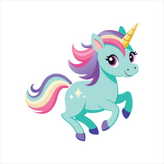 Cartoon unicorn with rainbow mane and tail isolated on white background