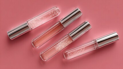 Four Clear Lip Gloss Containers on a Pink Background for Beauty