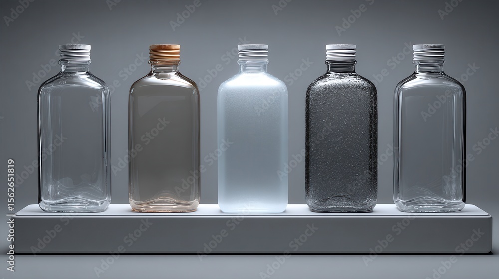 Poster diverse display of empty glass bottles on minimalist stand