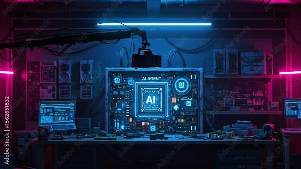 Poster ai agent in the tech lab: a futuristic laboratory with vibrant neon accents showcases a central ai a