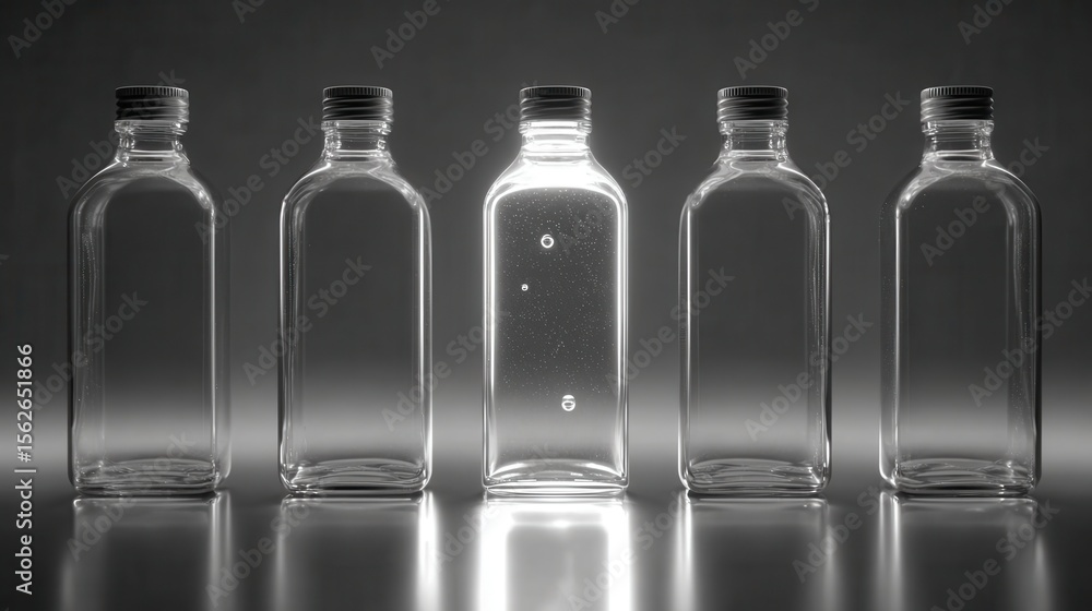Poster clear glass bottles with reflection and shadow on dark background