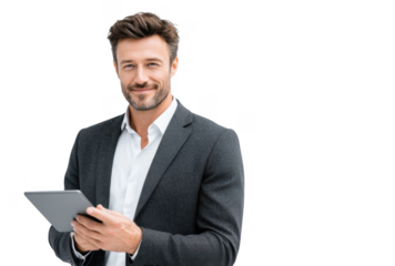 A confident young man in a tailored suit smiles while using a tablet. standing against a minimalistic white background. embodying professionalism and modern technology in a corporate environment