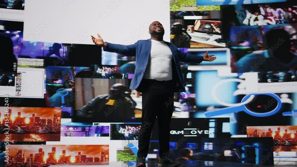 Poster african american man connected to a global network through mobile devices, opening apps and streamin