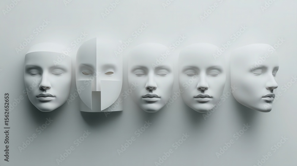 Poster white sculpted faces in a row showcasing different expressions