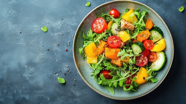 Deliciously fresh salad composed of tomatoes, arugula, cucumbers, and colorful peppers