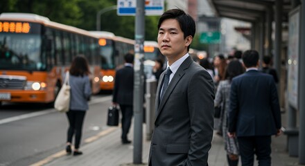 Confident young businessman stands at a city bus stop, waiting patiently amidst the urban commute.