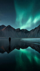 Image of Scenic landscapes of northern Europe and Scandinavia with Aurora Borealis and Northern Lights. Trekking in Icelandic typical landscape, mountains and lakes. printed on Printed Glass Basin Splashbacks