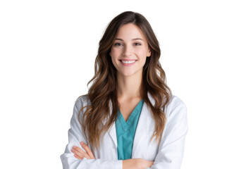 Smiling healthcare professional in a white lab coat and teal scrubs. standing confidently against a light gray background. ideal for medical and wellness promotional materials