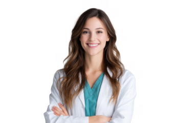 Smiling healthcare professional in a white lab coat and teal scrubs. standing confidently against a light gray background. ideal for medical and wellness promotional materials