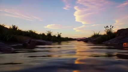 A realistic 4K cinematic steppe creek at dawn, crystal-clear water mirroring soft pastel sky, wispy high-altitude clouds shift slowly overhead, static dry grasses and rocky outcrops frame the flow - Powered by Adobe