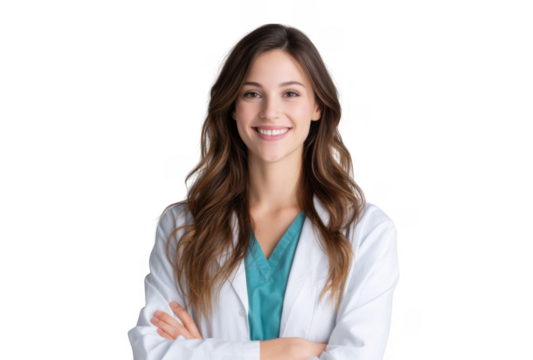 Smiling healthcare professional in a white lab coat and teal scrubs. standing confidently against a light gray background. ideal for medical and wellness promotional materials