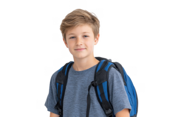 A young boy with a backpack smiles confidently. showcasing a cheerful expression against a clean white background. ideal for educational or travel-related themes