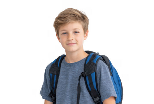 A young boy with a backpack smiles confidently. showcasing a cheerful expression against a clean white background. ideal for educational or travel-related themes - Powered by Adobe