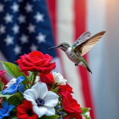 Fototapeta premium a hummingbird hovering beside a red white blue floral arrangement in front of an american flag