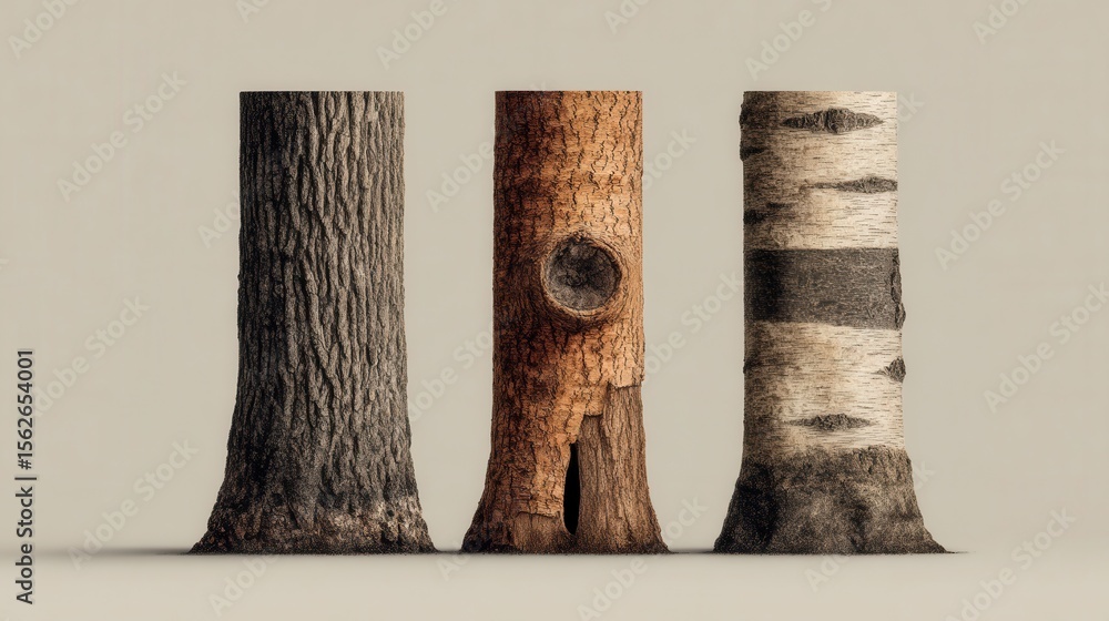 Poster three different tree trunks displaying unique textures and patterns