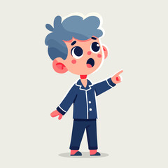 Cartoon Illustration of a Surprised Boy Character pointing up in Blue Pajamas on a White Background