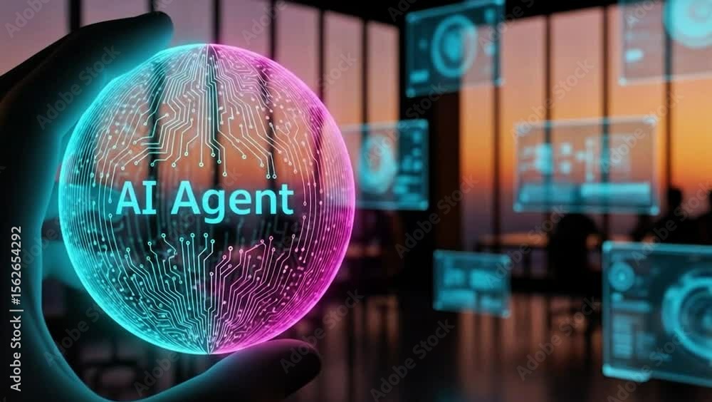 Poster ai agent in the future: a captivating vision showcasing an advanced ai agent, symbolized within a tr