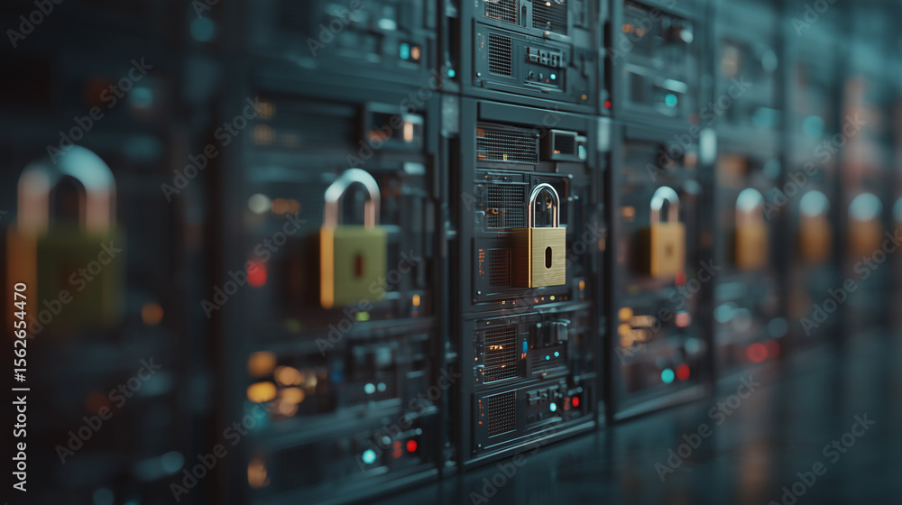 Poster physical and digital security: a close-up of server racks secured with physical padlocks, representi