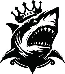 silhouette angry shark head with crown vector logo isolated on white background.Shark esport mascot logo design