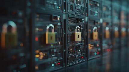 Physical and Digital Security: A close-up of server racks secured with physical padlocks, representing robust data protection.