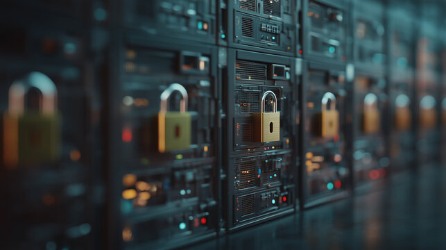 Physical and Digital Security: A close-up of server racks secured with physical padlocks, representing robust data protection.